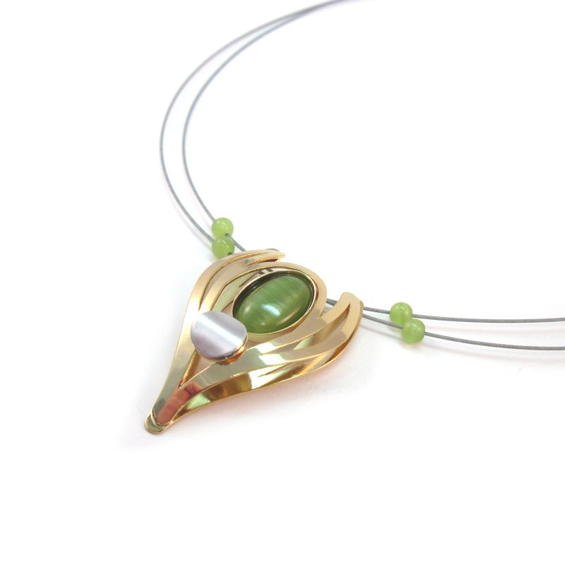 Shiny Gold with Green Cats Eye on Multiwire Necklace
